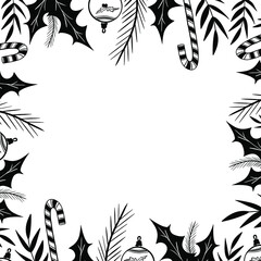Obraz premium Beautiful frame with foliage and twigs with berries. Elegant border design, decoration element. Floral frame with linear leaves and black berries in a circle. Vector illustration, doodle style, white