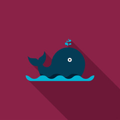 Whale vector icon, flat design, long shadow, eps10