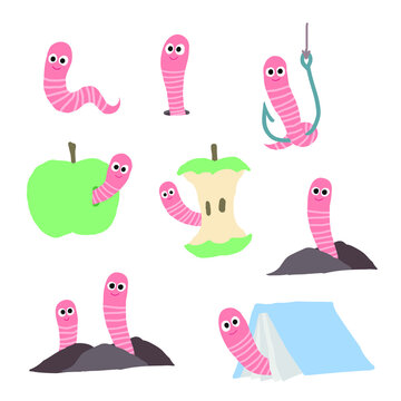 Worms Set. A Worm In An Apple And A Stub, A Bookworm, A Worm In The Ground. Vector Illustration Isolated On White Background.