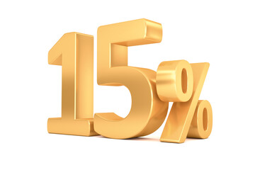 15% off on sale. Gold percent isolated on white background. 3d rendering.