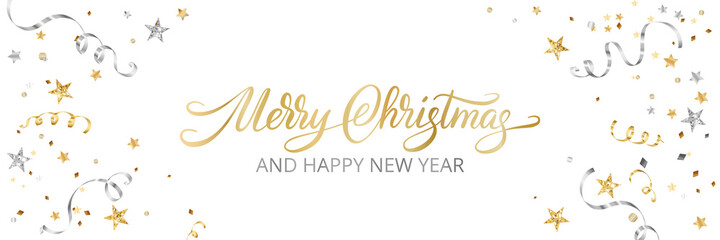 Christmas decoration banner. Merry Christmas hand drawn text. Falling confetti, festive glitter border. Golden and silver frame. For New Year and winter holiday cards, headers, party flyers. Vector.