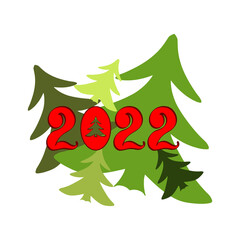 2022 New Year hand written numbers with Christmas or fir trees background. Xmas banner template. Typography design for greeting or invitation card. Vector illustration.