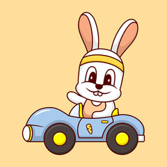 Cute Rabbit Driving Car Cartoon Vector Icon Illustration. Animal Transportation Icon Concept Isolated Premium Vector. Flat Cartoon Style.