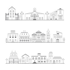 Obraz premium City street with modern houses, villas and a church. Monochrome cityscape with residential houses and shops. Solar panels and attics on the roofs of buildings. Sky with clouds and sun.