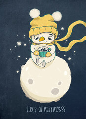New Year or Christmas card with a cute little snowman. 