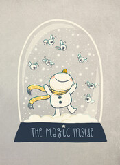 New Year or Christmas card with a cute little snowman. 