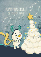 New Year or Christmas card with a cute little snowman. 