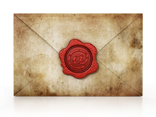 Sealed enveloppe with at sign at the center of the wax seal isolated on white background. 3D illustration