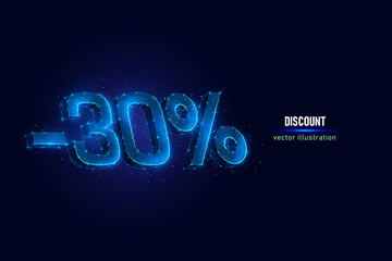 30 percent off digital wireframe made of connected dots. Holiday discount low poly vector illustration on blue background.