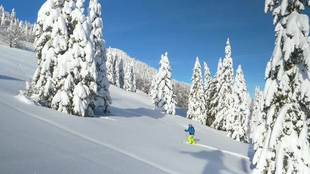 AERIAL: Active young man on split boarding trip in the Slovenia mountains hikes uphill on a sunny winter day. Athletic male traveler on winter vacation ski tours up a mountain in the Julian Alps.