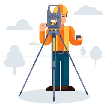 Land survey and civil engineer working with his equipment. Surveyor with theodolite. Flat style modern vector illustration