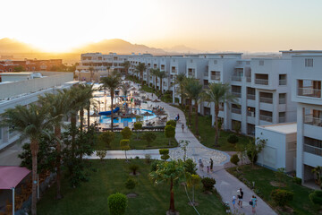 Hurghada, Egypt - September 22 2021: Sunset at the hotel Solymar Soma Beach, Hurhgada, Egypt