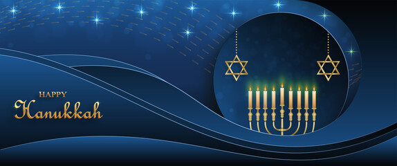 Obraz premium Happy Hanukkah card with nice and creative symbols and gold paper cut style on color background for Hanukkah Jewish holiday (translation : happy Hanukkah day, Hag HaHanukka)