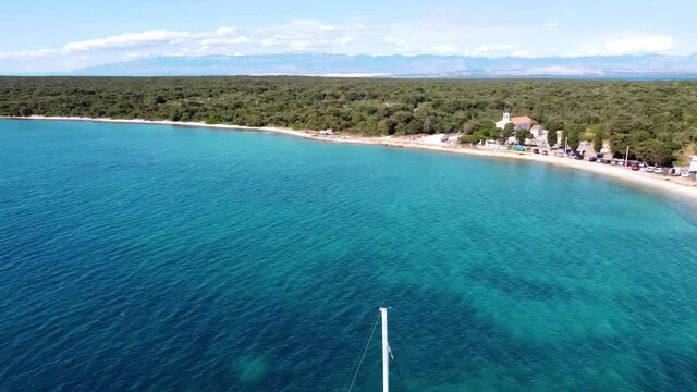 360 degree aerial view of Croatian island Olib with main port &ldquo;Sportska Lucica&rdquo;. Amazing Adriatic sea tourist vacation destination in Croatia. Panoramic paradise island, marina, old houses and boats.