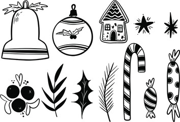 Christmas hand drawn decorations, vector elements. Traditional Christmas symbols: gifts, Santa Claus with reindeers, fir, sock, wreath etc. Vintage style.