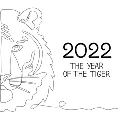 One single continuous line drawing of a tiger isolated on white background. Hand-drawn design vector illustration for posters, wall art, tote bag, mobile case, t-shirt print. New year`s 2022 symbol.