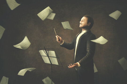 Illustration of maestro conducting orchestral music, motivational surreal concept  