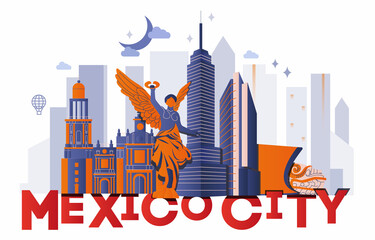 Mexico City culture travel set, famous architectures and specialties in flat design. Business Mexican tourism concept clipart. Image for presentation, banner, website, advert, flyer, roadmap, icons