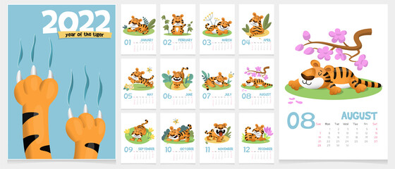 Children's calendar for 2022 - year of tiger. Cute funny striped baby tiger cub are having fun and relaxing. Cartoon vector template for calendar or planner