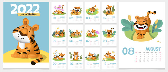 Calendar for 2022 - year of the tiger. A cute funny striped tigers are having fun and relaxing. Cartoon vector template for calendar or planner