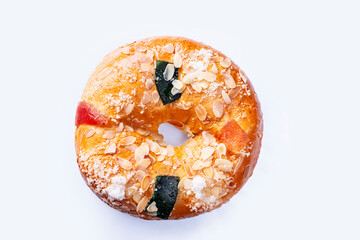 Spanish epiphany  cake, roscón de reyes on white background 
