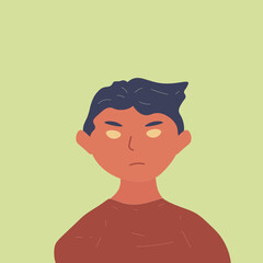 Flat illustration of an avatar icon for social networks and other. A swarthy, dark-haired, frowning young man.
