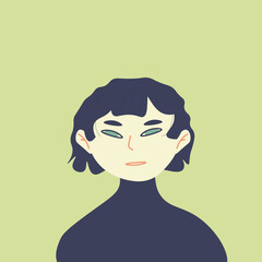 Flat illustration of an avatar icon for social networks and other. A dark-haired smiling girl with a short haircut.