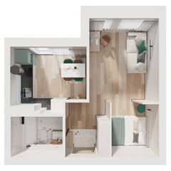 Small apartment design. The layout of the premises. Space zoning. View from above. 3D rendering.