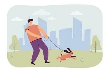 Cartoon owner pulling on leash of dog on walk. Man walking playful puppy outside flat vector illustration. Pets, outdoor activity, leisure concept for banner, website design or landing web page