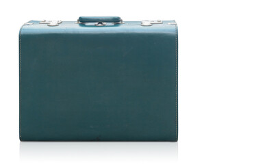 front view old green suitcase on white background, object, vintage, retro, copy space