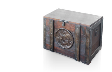 antique brass and wooden box on white background, object, retro, ancient, copy space