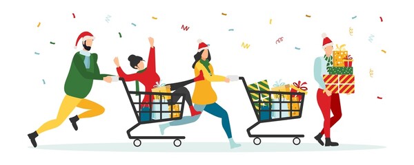 Sale, happy people and big shopping bag isolated vector illustration. Big New Year and Christmas sale.