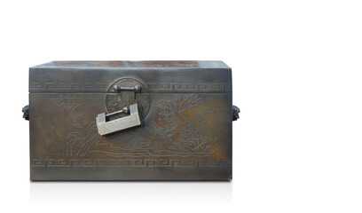 front view brown steel box on white background, object, ancient, vintage, copy space