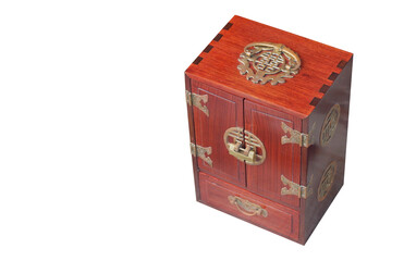 top view antique wooden and gold small box on white background, object, vintage, retro, copy space
