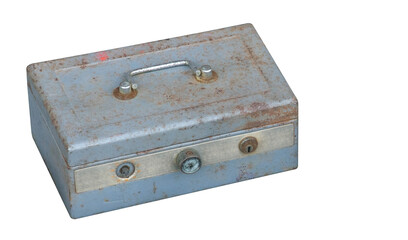 top view old and rust storage blue box with handle on white background, object, retro, copy space