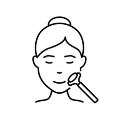 Woman Facial Massage with Roller Line Icon. Jade Roller for Girl Face Massage Linear Pictogram. Beauty Relax Procedure for Female Skin Face Outline Icon. Editable Stroke. Isolated Vector Illustration