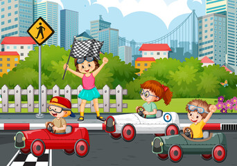 Park scene with children racing car