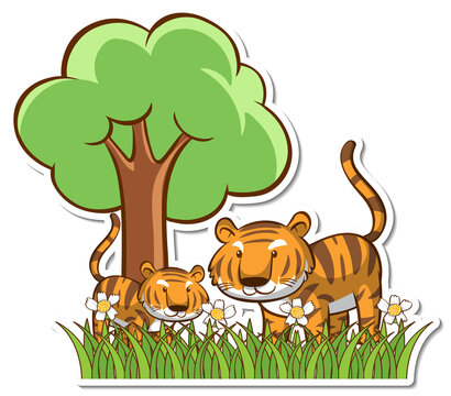 Tiger Mom And Baby Standing In Grass Field Sticker