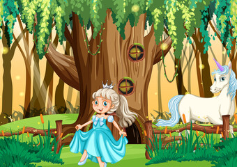 Princess and unicorn in enchanted garden background