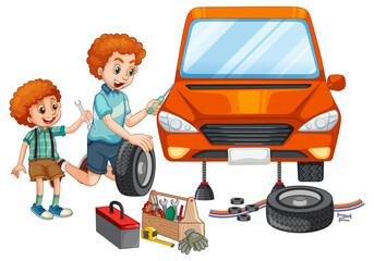 Dad and son fixing a car together on white background