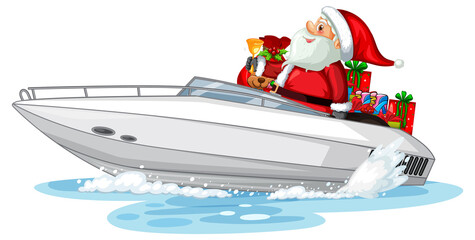 Noël Père Noël sur bateau rapide avec ses cadeaux