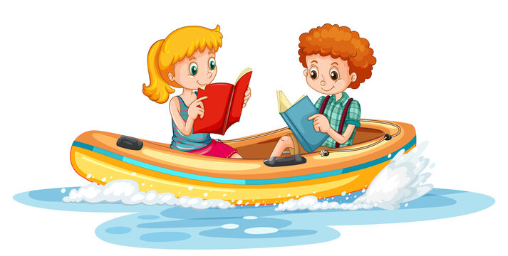 Couple kids reading books on boat