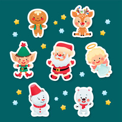 Obraz premium Set of cute cartoon Christmas stickers. Collection of funny characters on a dark background: Santa Claus, an elf, a gingerbread man, a snowman, an angel, a deer and a little polar bear.