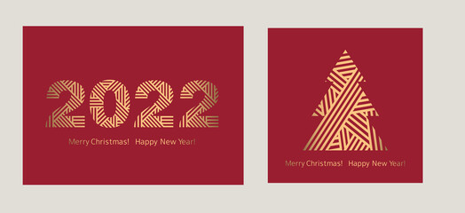 Set of modern Greeting cards. Happy New Year 2022. Christmas tree. Red background with golden elements. Vector.