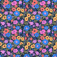 Trendy seamless vector floral pattern. Seamless print from large realistic flowers. A bouquet of flowers from the garden. Bright yellow and purple chrysanthemums on a dark background. Stock vector.