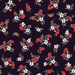 Seamless floral pattern. Ditsy background of small white and terracotta flowers. Vector pattern. Elegant template for fashion prints. Dark violet background. Summer and spring motifs.