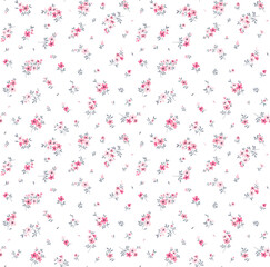 Beautiful floral pattern in small abstract flowers. Small pink flowers. White background. Ditsy print. Floral seamless background. The elegant the template for fashion prints. Stock pattern.
