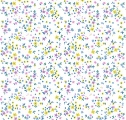 Ditsies floral pattern. Pretty flowers on white background. Printing with small colorful (pink, yellow, blue) flowers. Ditsy print. Seamless vector texture. Spring bouquet.