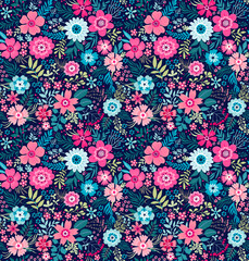 Seamless floral pattern. Beautiful print of pink and small flowers and leaves. Bright flowers on dark blue background in trendy fashion abstract style. Stock vector for prints on surface.