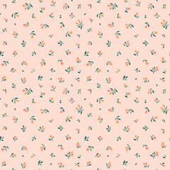 Spring flowers print. Vector seamless floral pattern. Floral design for fashion prints. Endless print made of small orange flowers. Elegant template. Pale pink background. Stock vector.